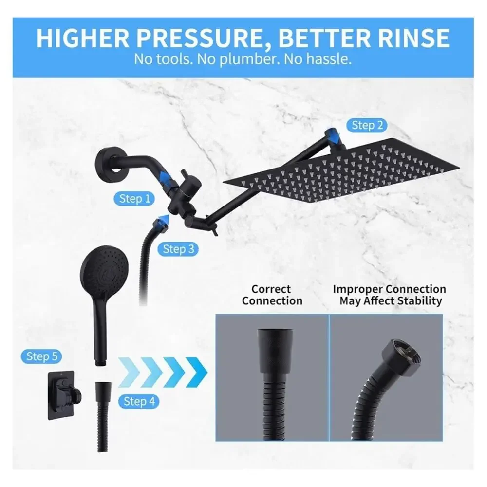 Shower Head Combo 10In High-Pressure Rainfall Shower Head with 11In Adj Arm